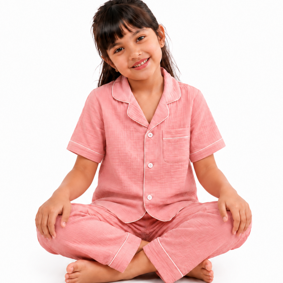 Classic Blush Pink Muslin Kids Night Suit