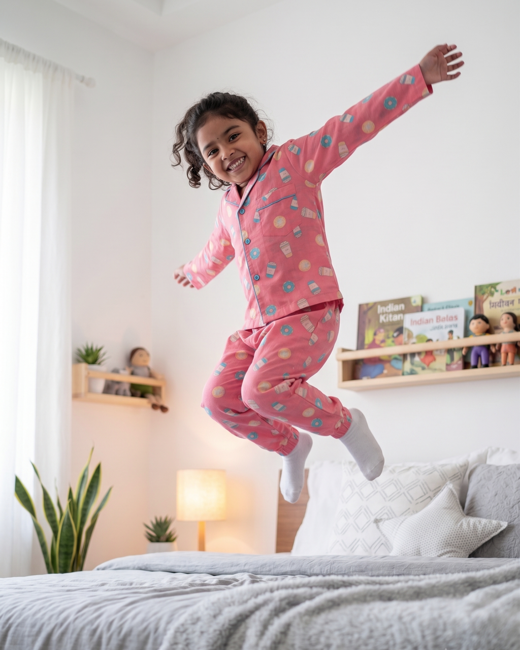 Pink Coffee & Donut Print Cotton Kids's Night Suit