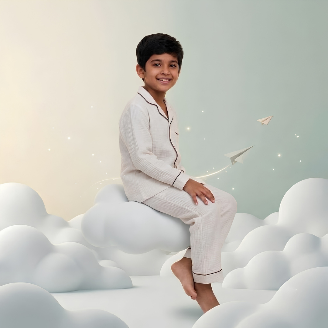 Classic Ivory Muslin Kids Night Suit(Full sleeve)
