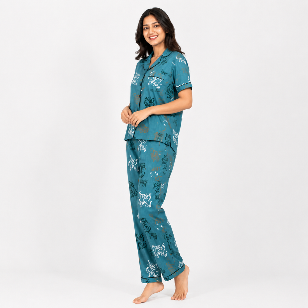 Teal Graffiti Print Cotton Night Suit