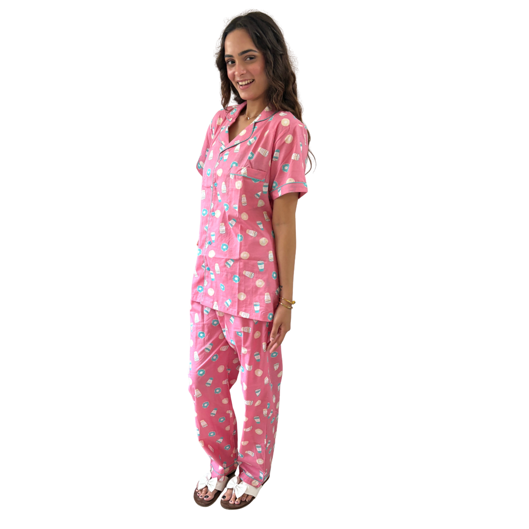 Pink Coffee & Donut Print Cotton Women's Night Suit