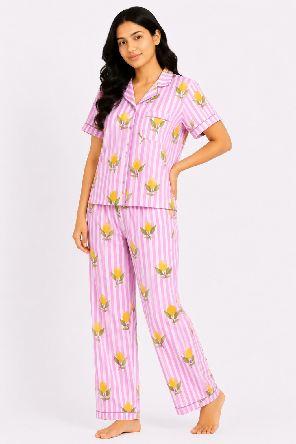 Pink Lemon Print Cotton Women's Night Suit