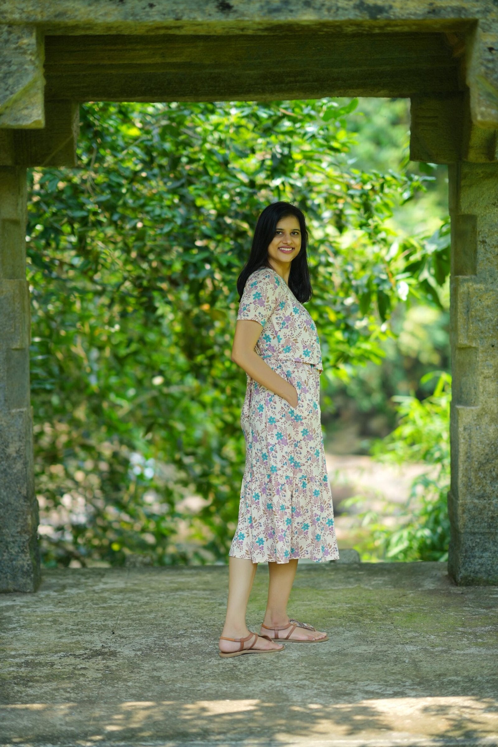Pastel Floral Cotton Tiered Maternity Dress