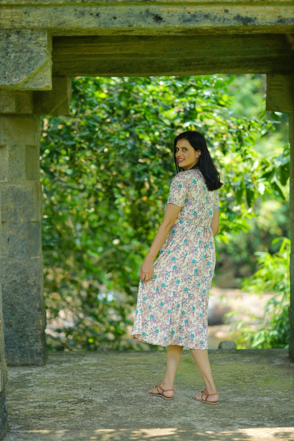 Pastel Floral Cotton Tiered Maternity Dress