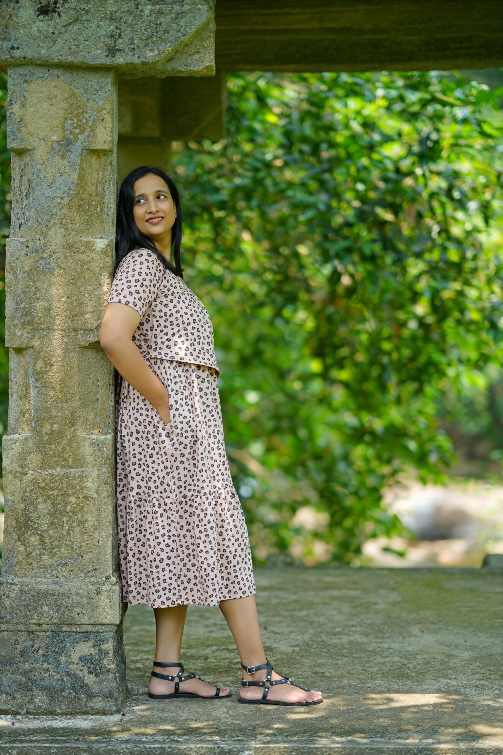 Light Brown Leopard Print High - Stretch Cotton Maternity Dress