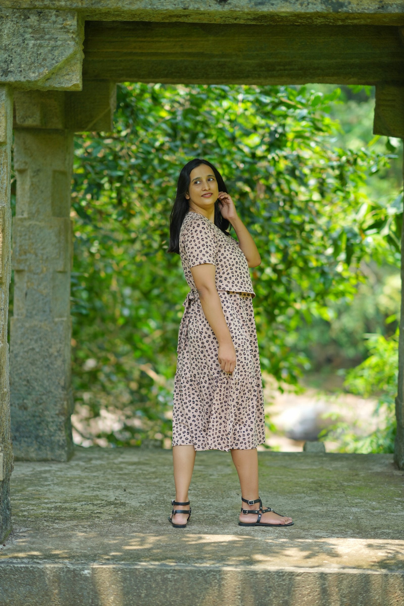 Light Brown Leopard Print High - Stretch Cotton Maternity Dress