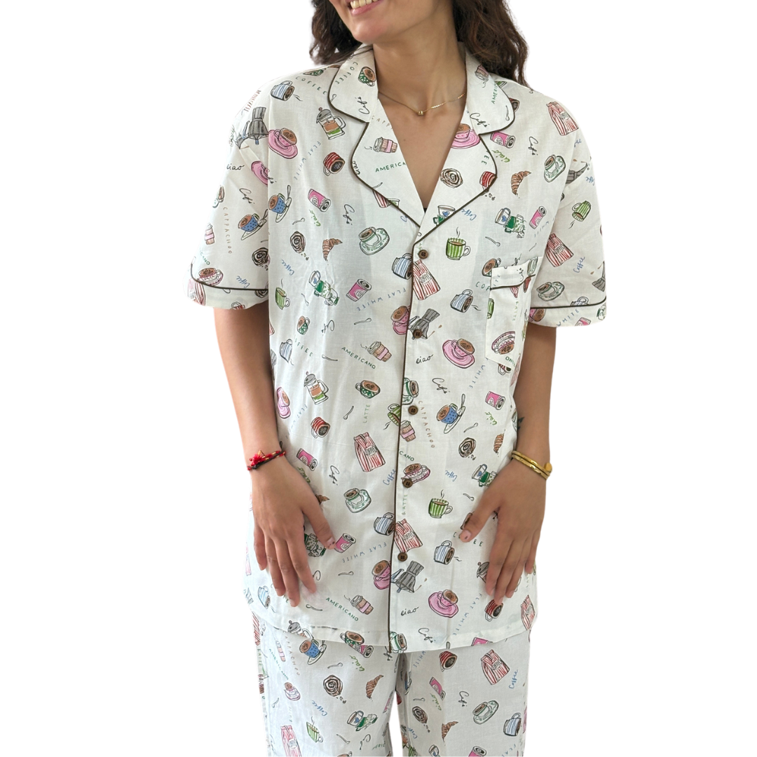 White Café Print Cotton Women's Night Suit