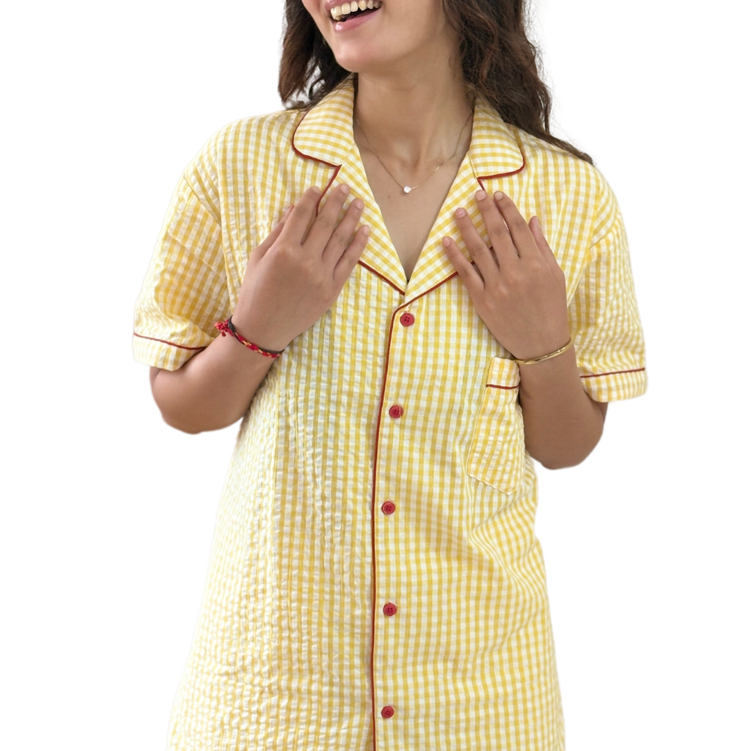 Yellow Gingham Cotton Women's Night Suit