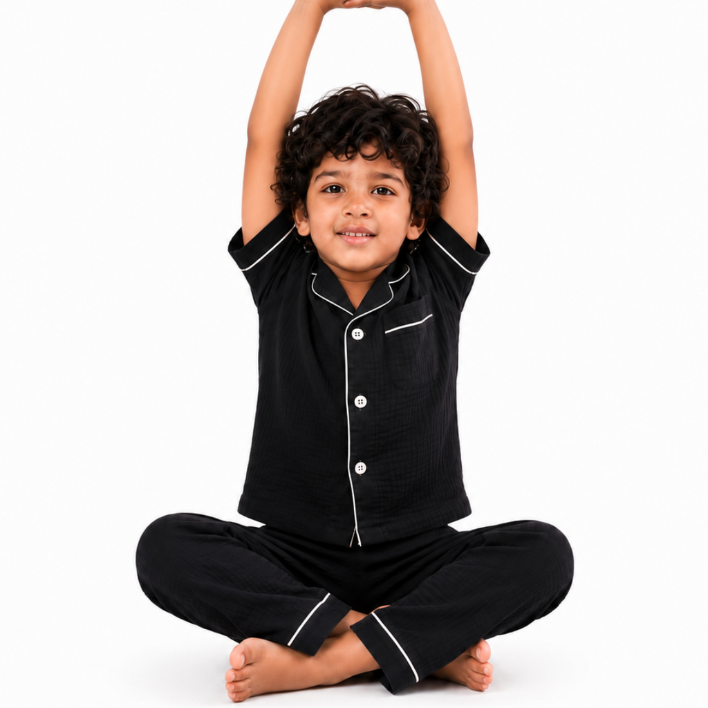 Classic Black Muslin Kids Night Suit