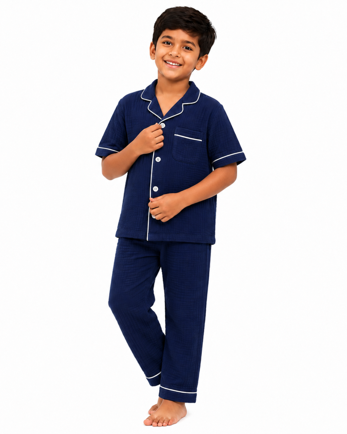 Classic Navy Blue Muslin Kids Night Suit