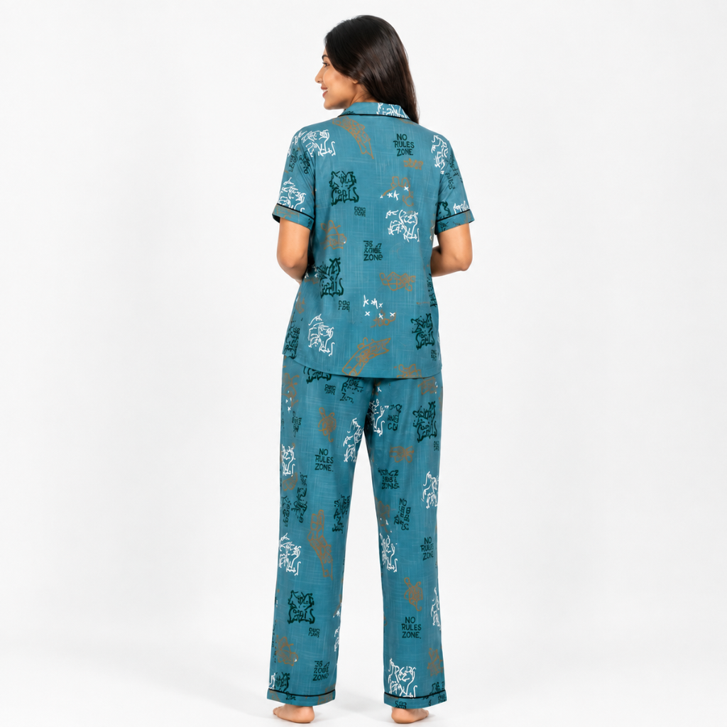 Teal Graffiti Print Cotton Night Suit