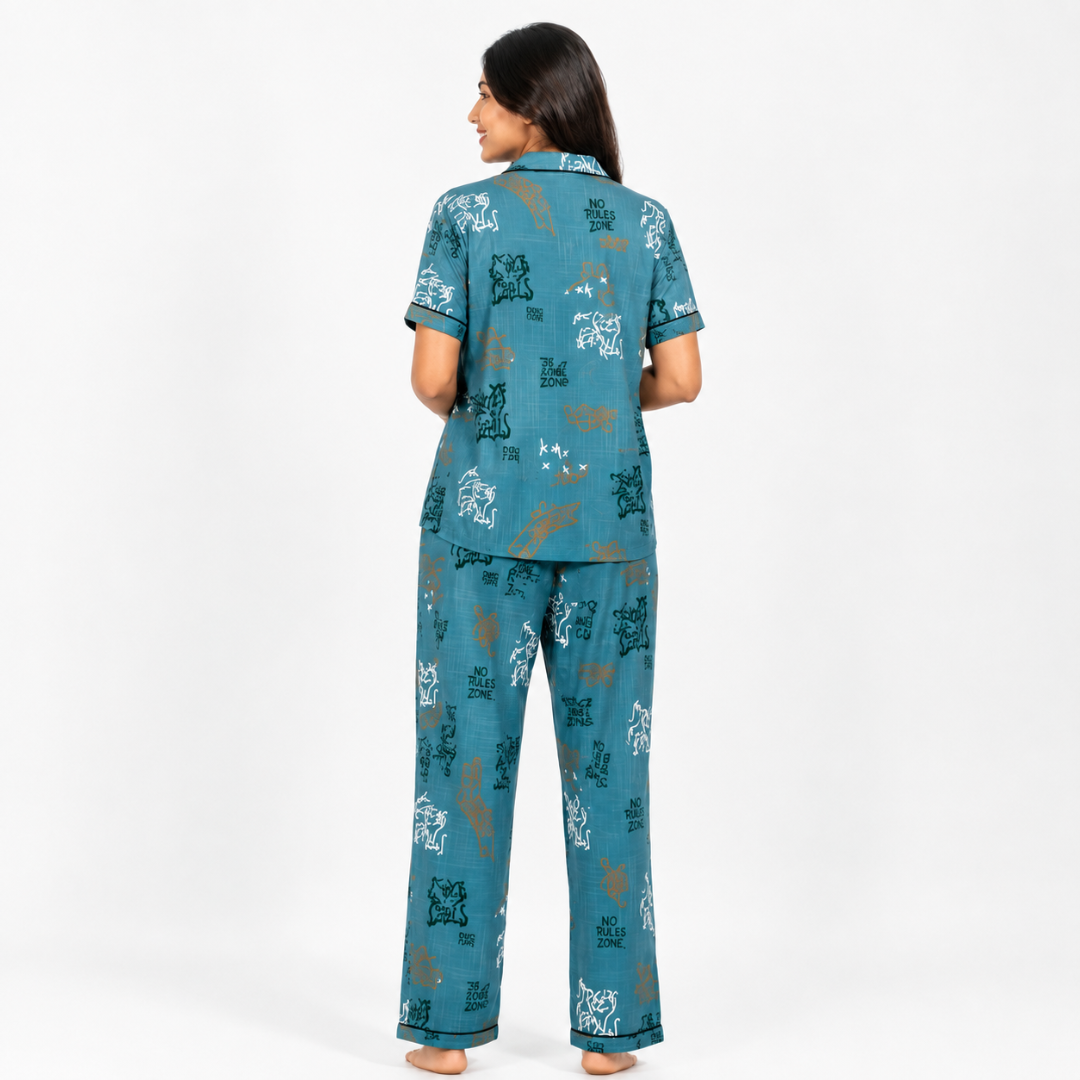 Teal Graffiti Print Cotton Night Suit