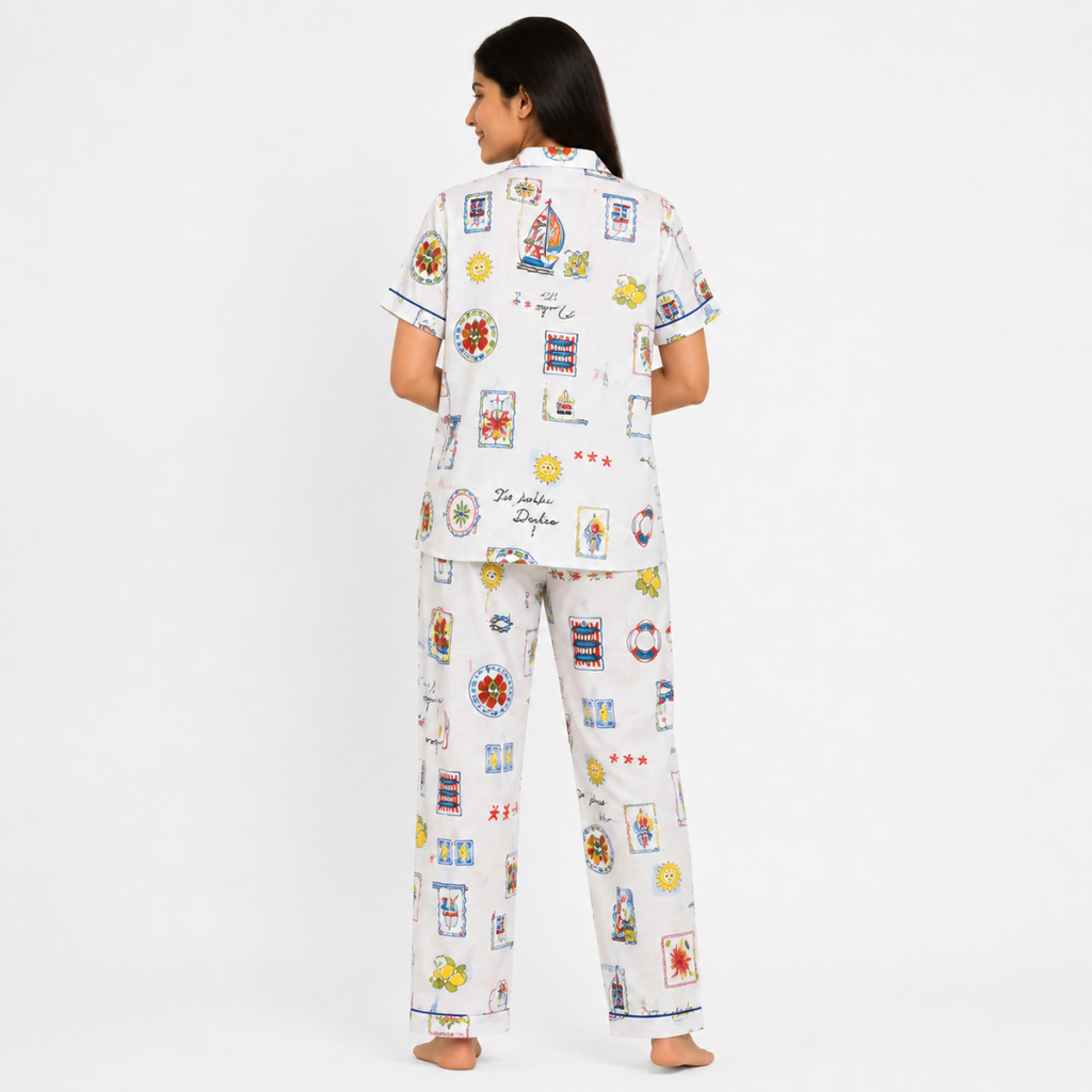 White Travel Print Cotton Night Suit