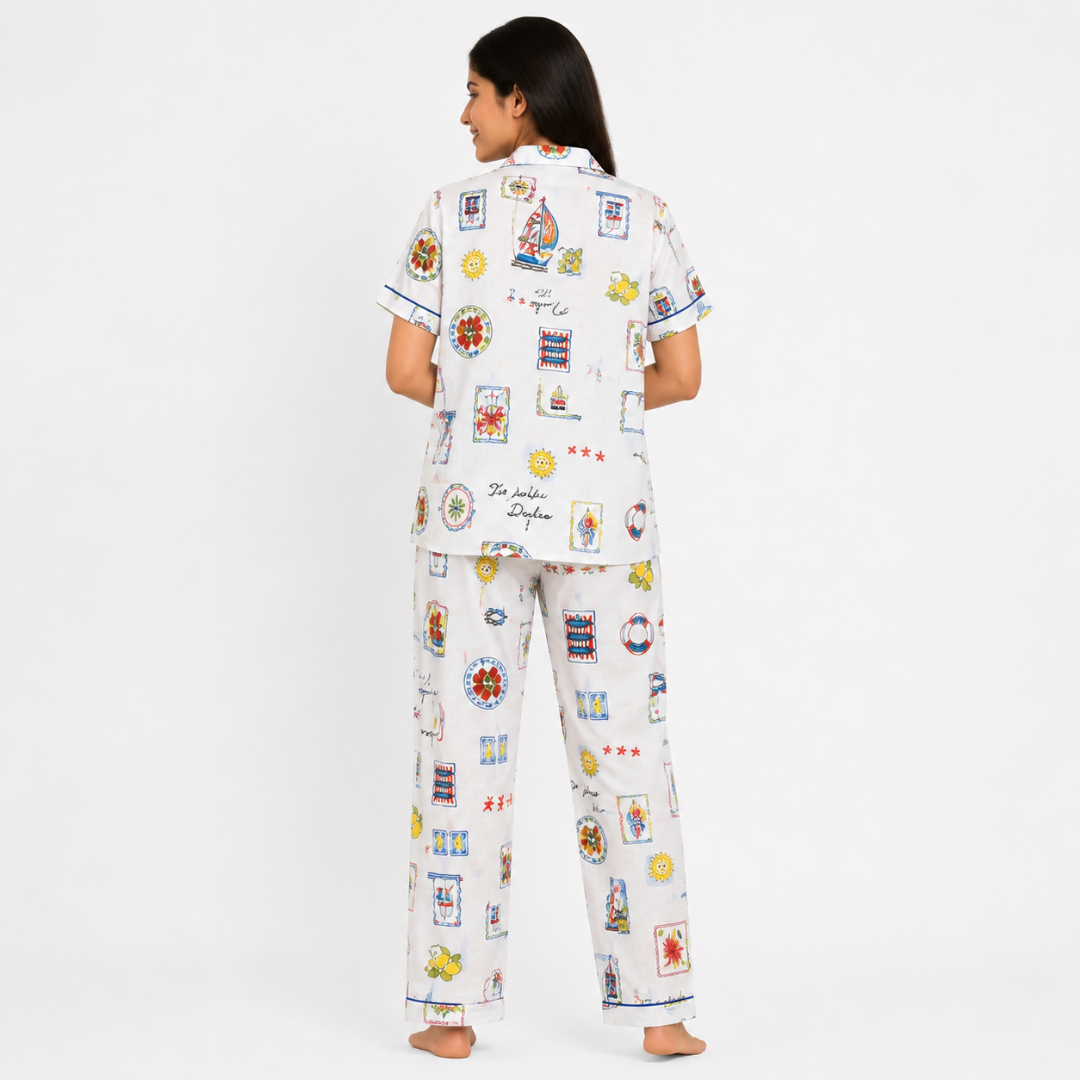 White Travel Print Cotton Night Suit