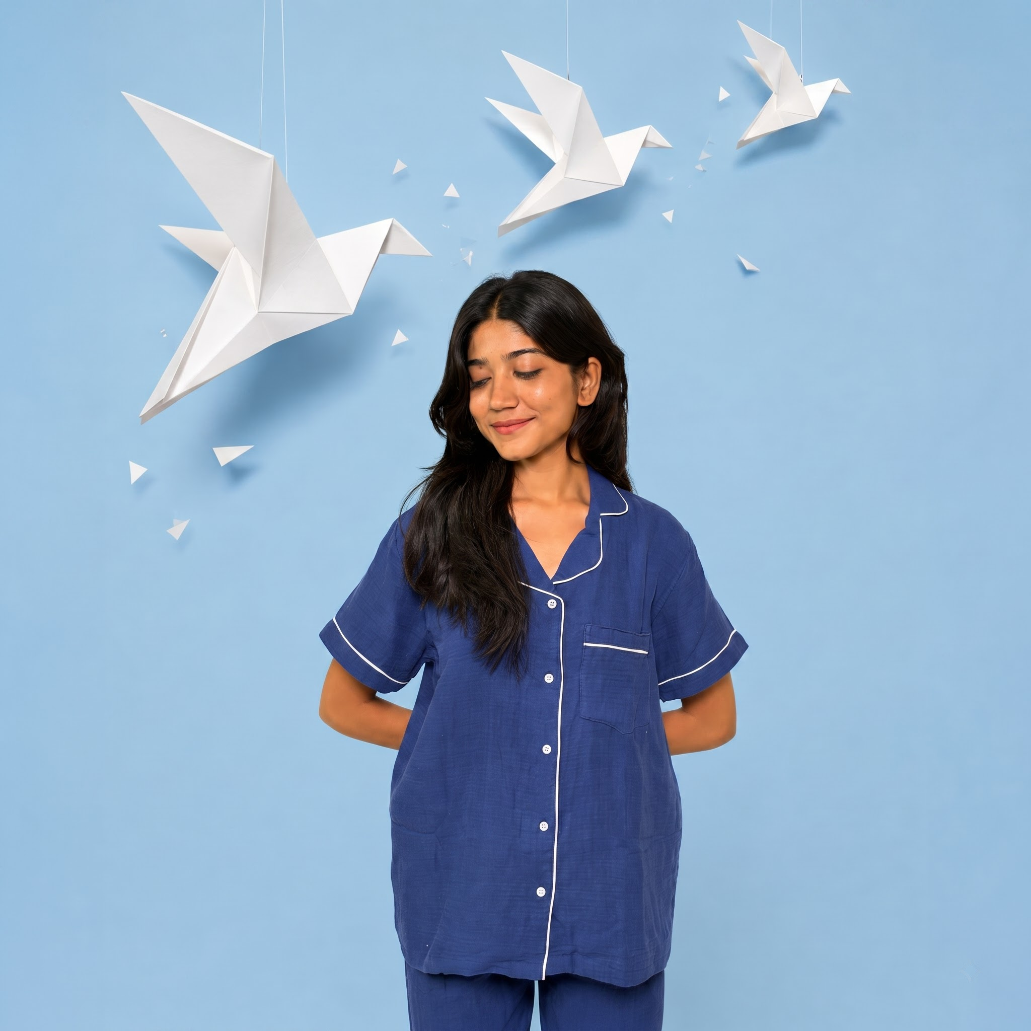 Classic Navy Blue Muslin Women's Night Suit