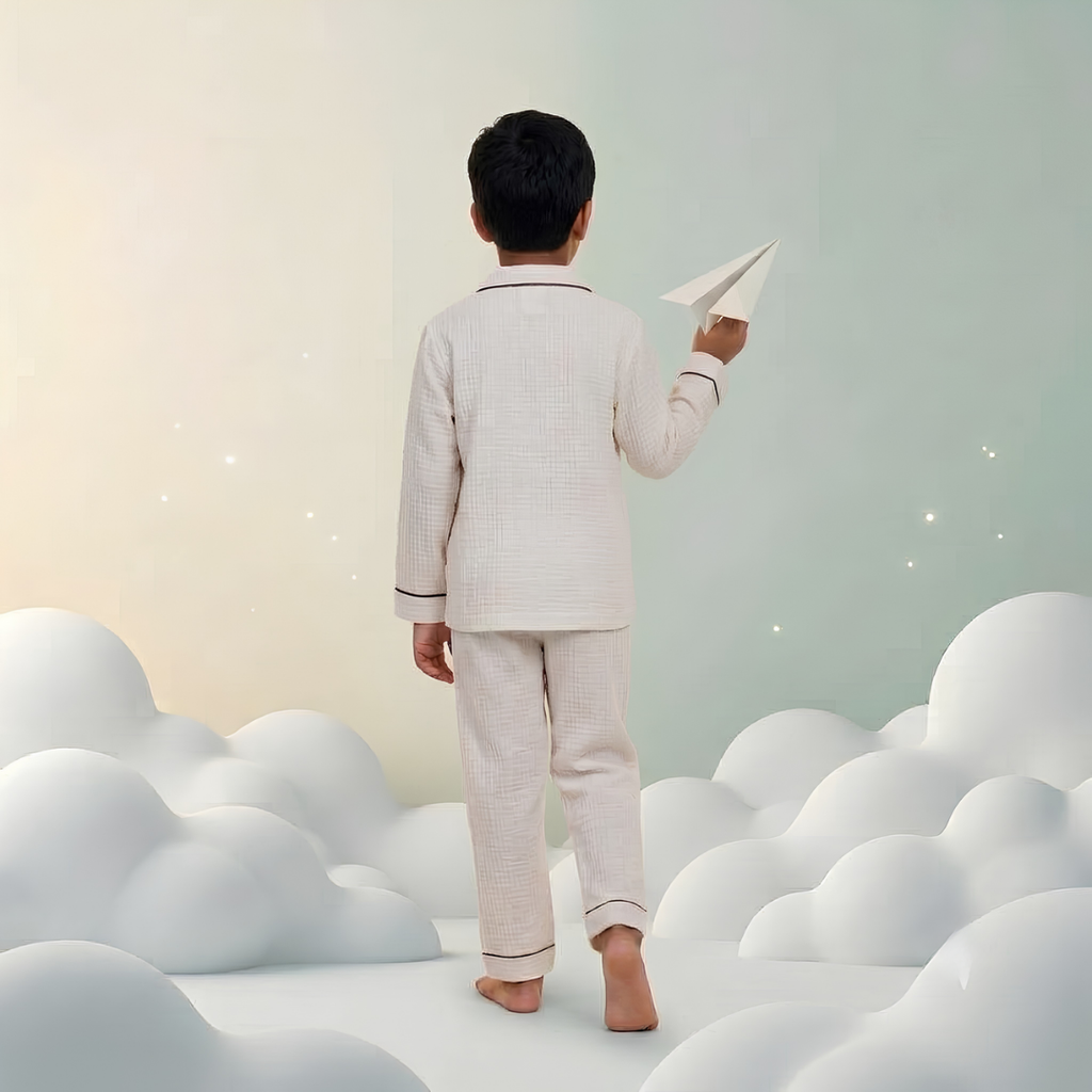 Classic Ivory Muslin Kids Night Suit(Full sleeve)
