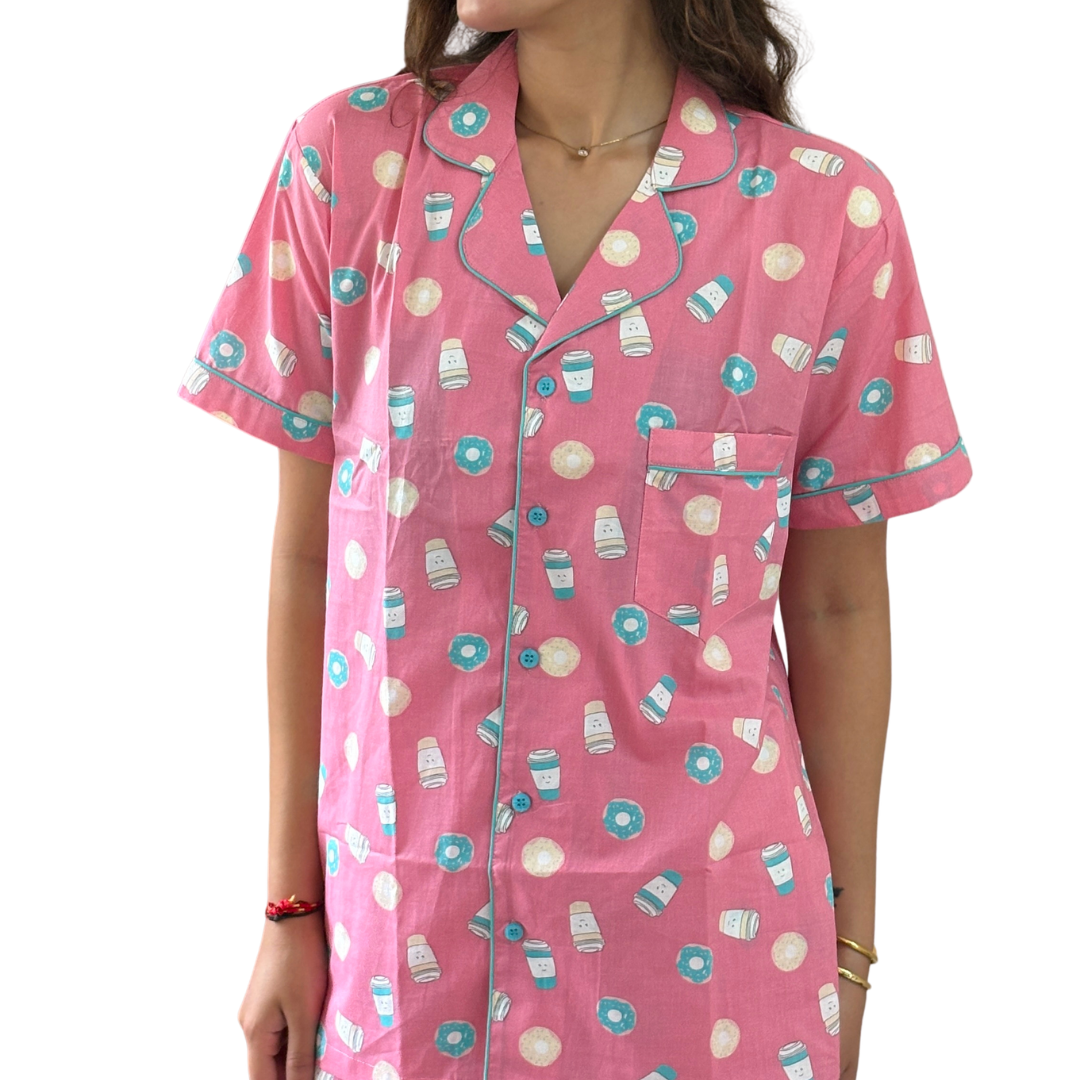 Pink Coffee & Donut Print Cotton Women's Night Suit