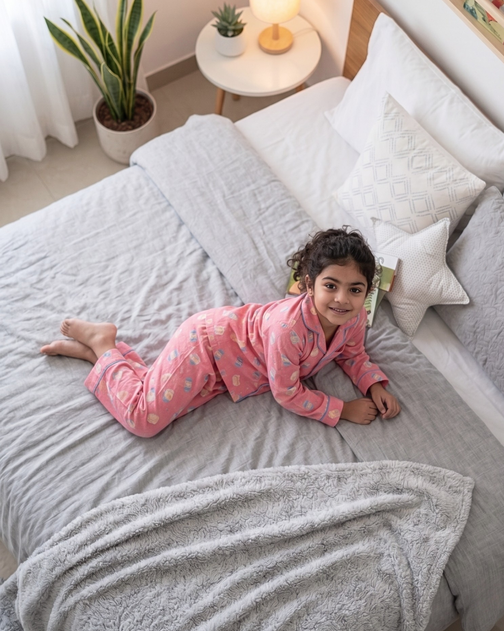 Pink Coffee & Donut Print Cotton Kids's Night Suit