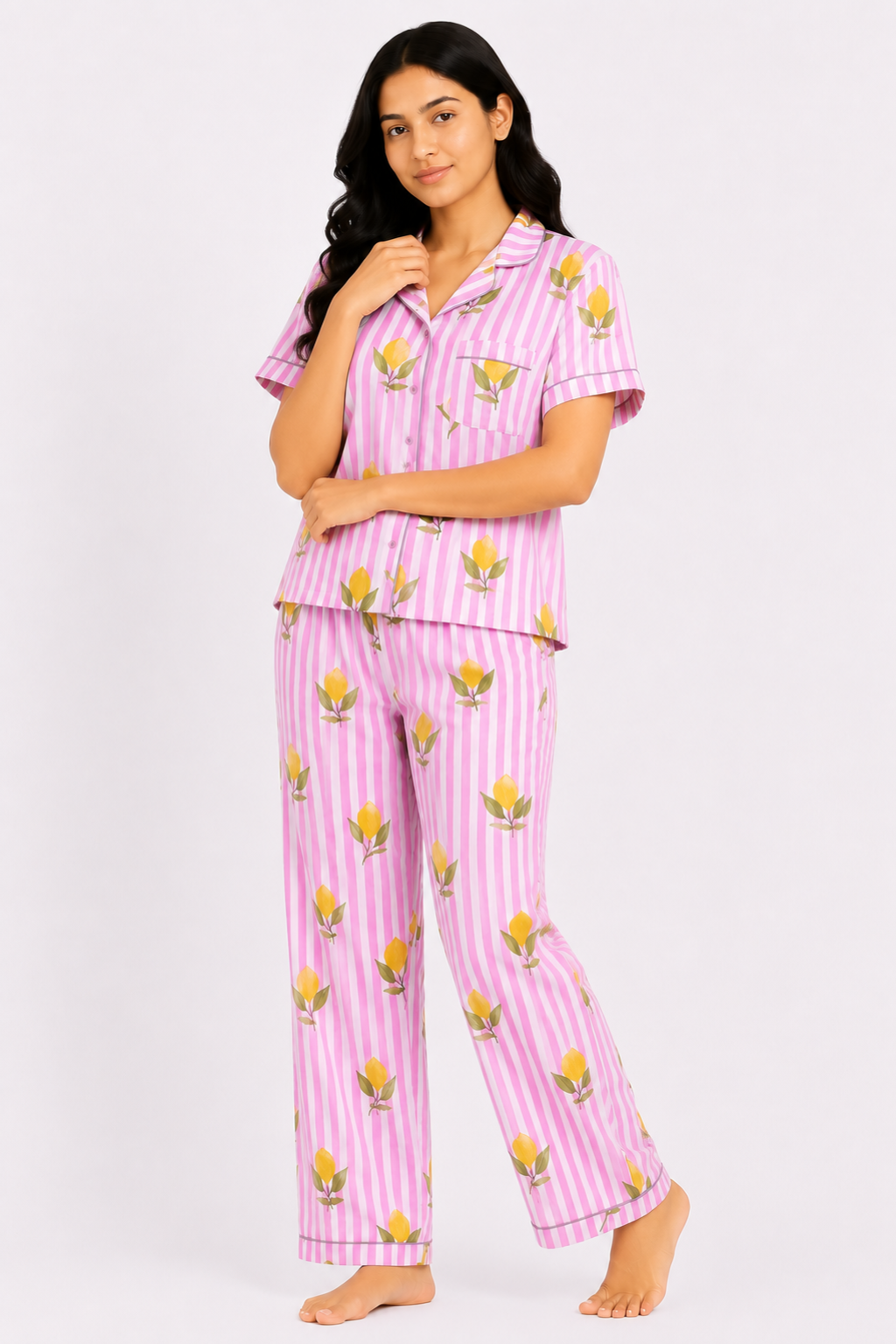 Pink Lemon Print Cotton Women's Night Suit
