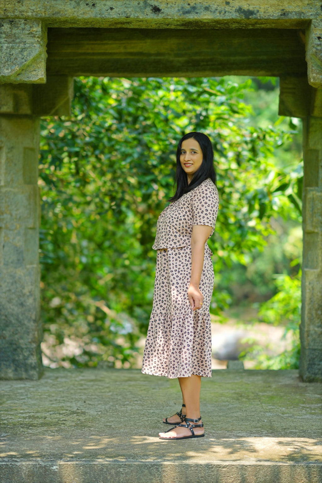 Light Brown Leopard Print High - Stretch Cotton Maternity Dress