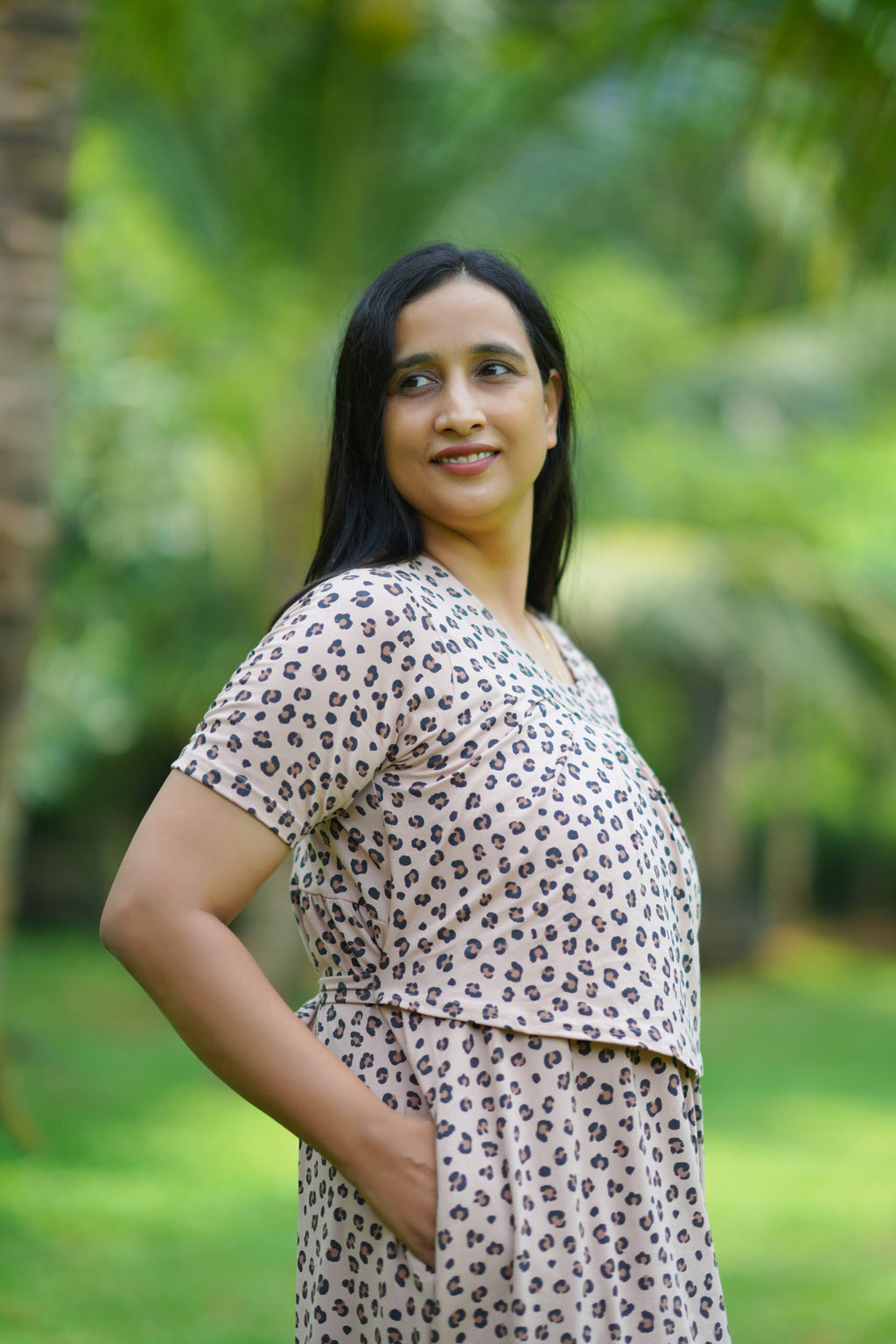 Light Brown Leopard Print High - Stretch Cotton Maternity Dress