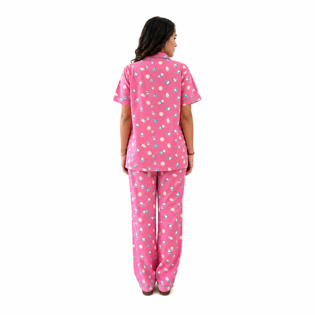 Pink Coffee & Donut Print Cotton Women's Night Suit