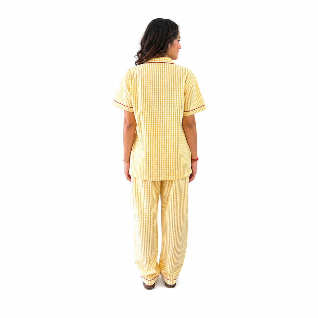 Yellow Gingham Cotton Women's Night Suit
