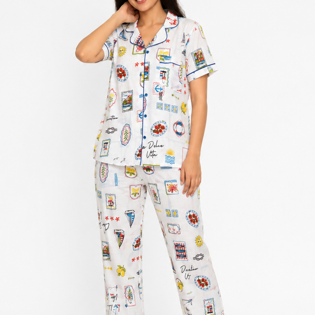 White Travel Print Cotton Night Suit