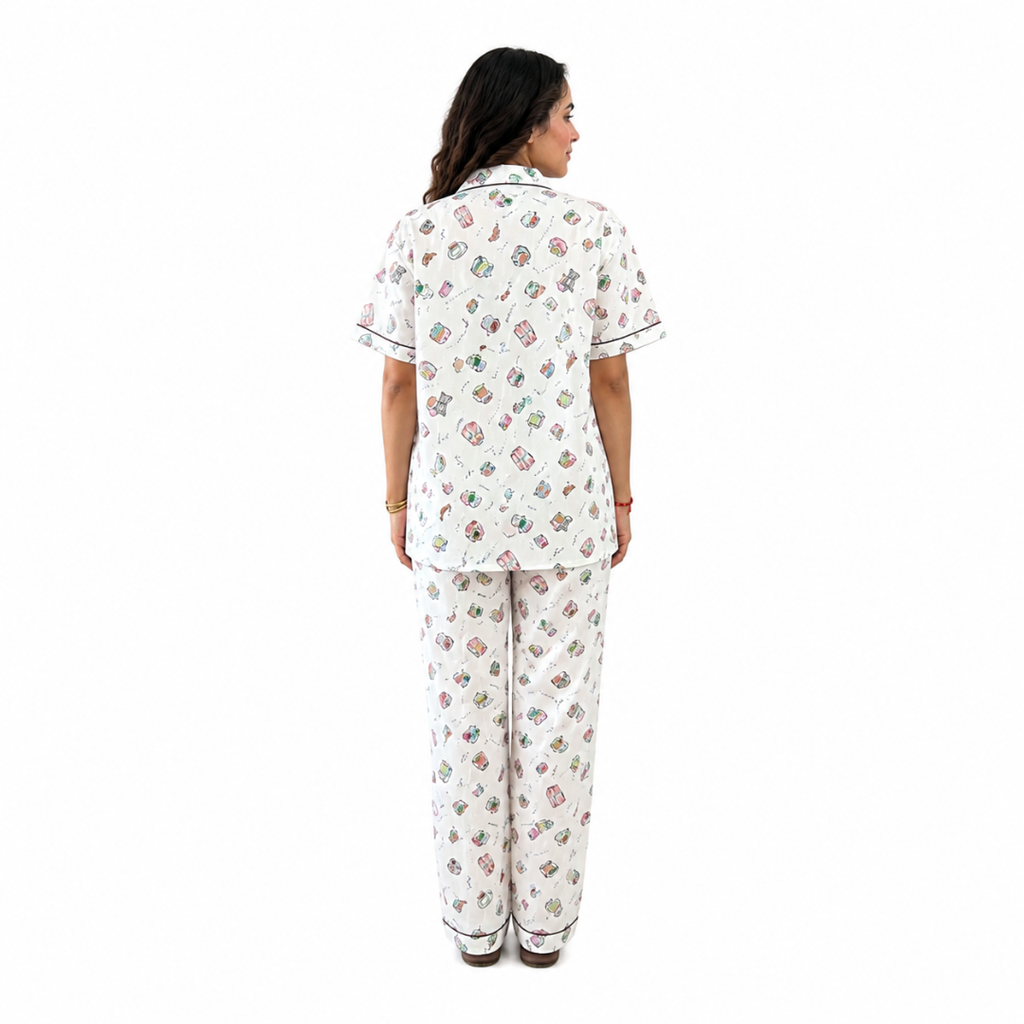 White Café Print Cotton Women's Night Suit
