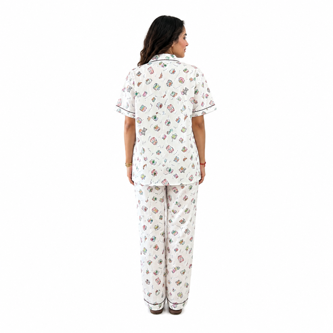 White Café Print Cotton Women's Night Suit