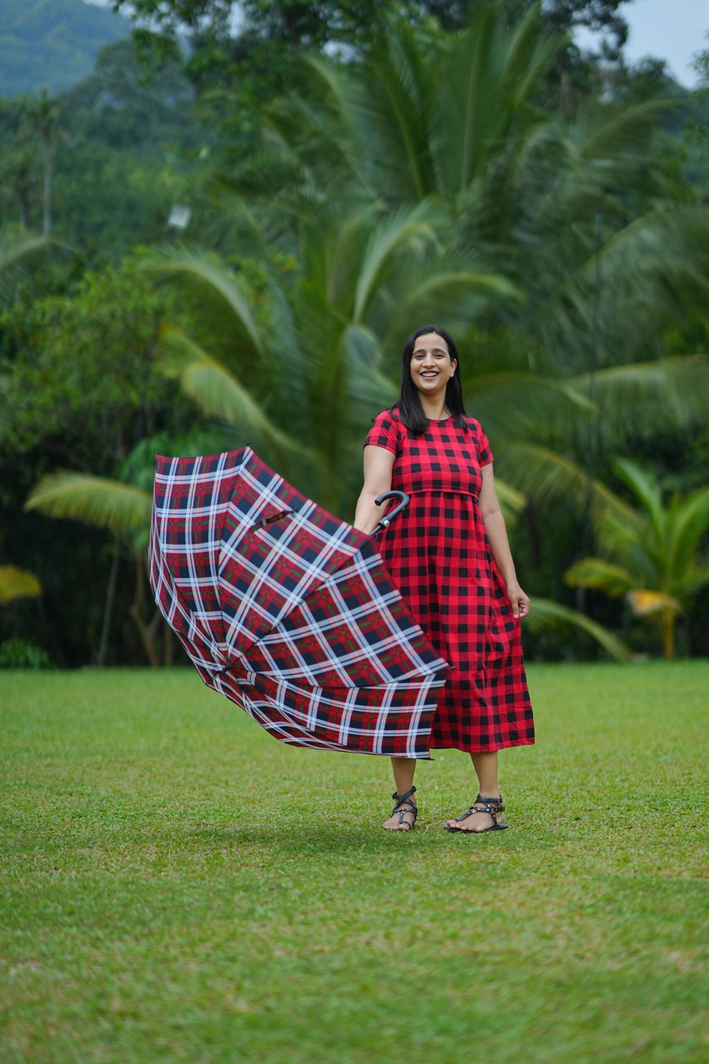 Red & Black Plaid Print High-Stretch Cotton Maternity Dress