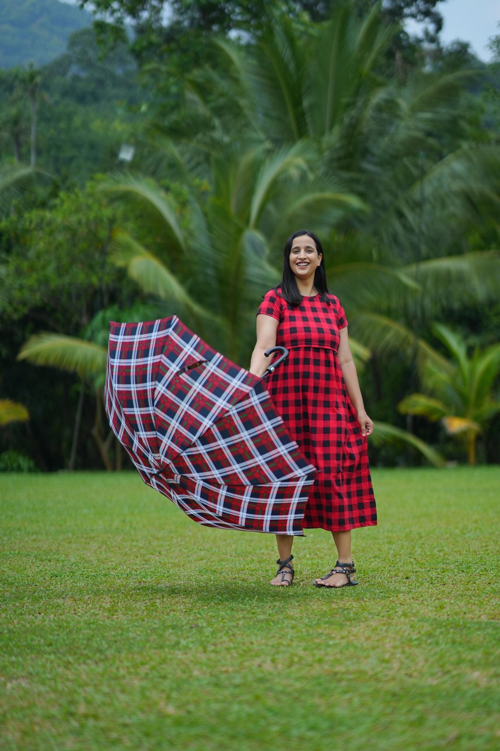 Red & Black Plaid Print High-Stretch Cotton Maternity Dress