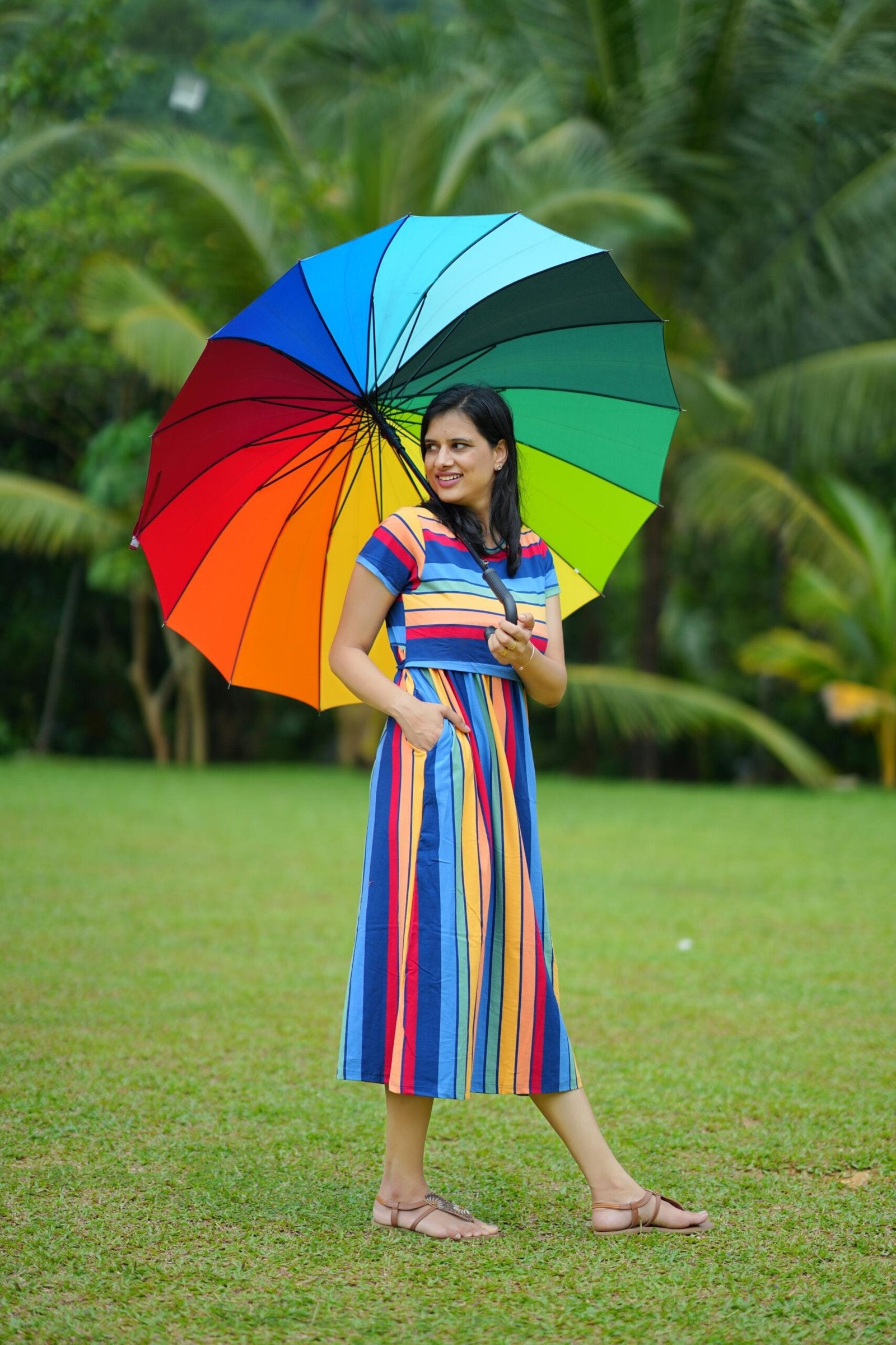 Rainbow Stripe High-Stretch Cotton Maternity Dress