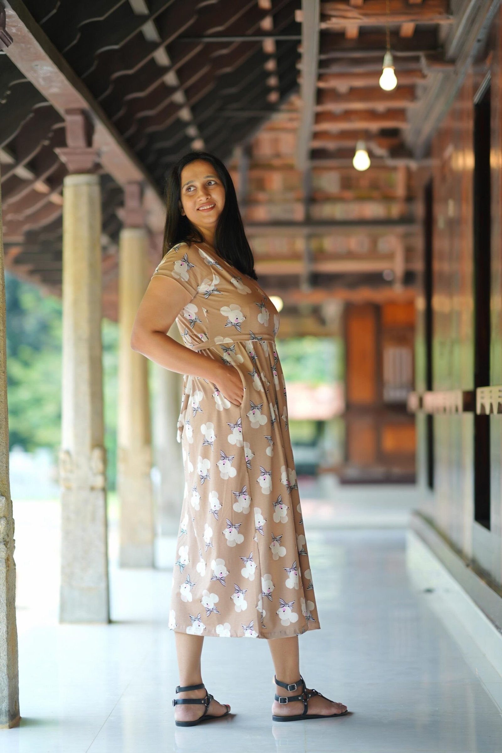 Comfy Cotton Maternity Dress with Cute Mouse Print