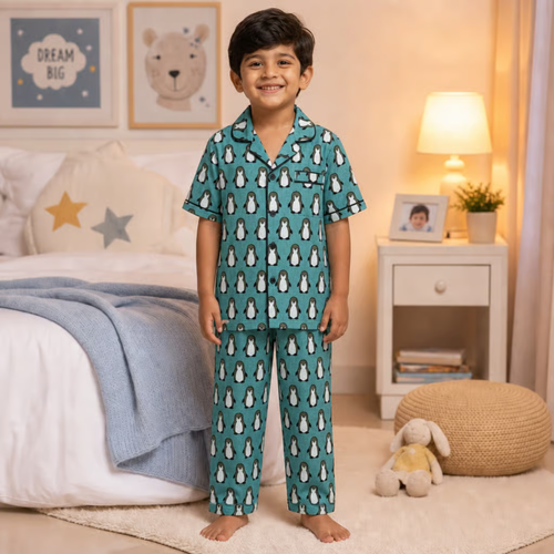 Aqua Penguin Parade Cotton Night Suit