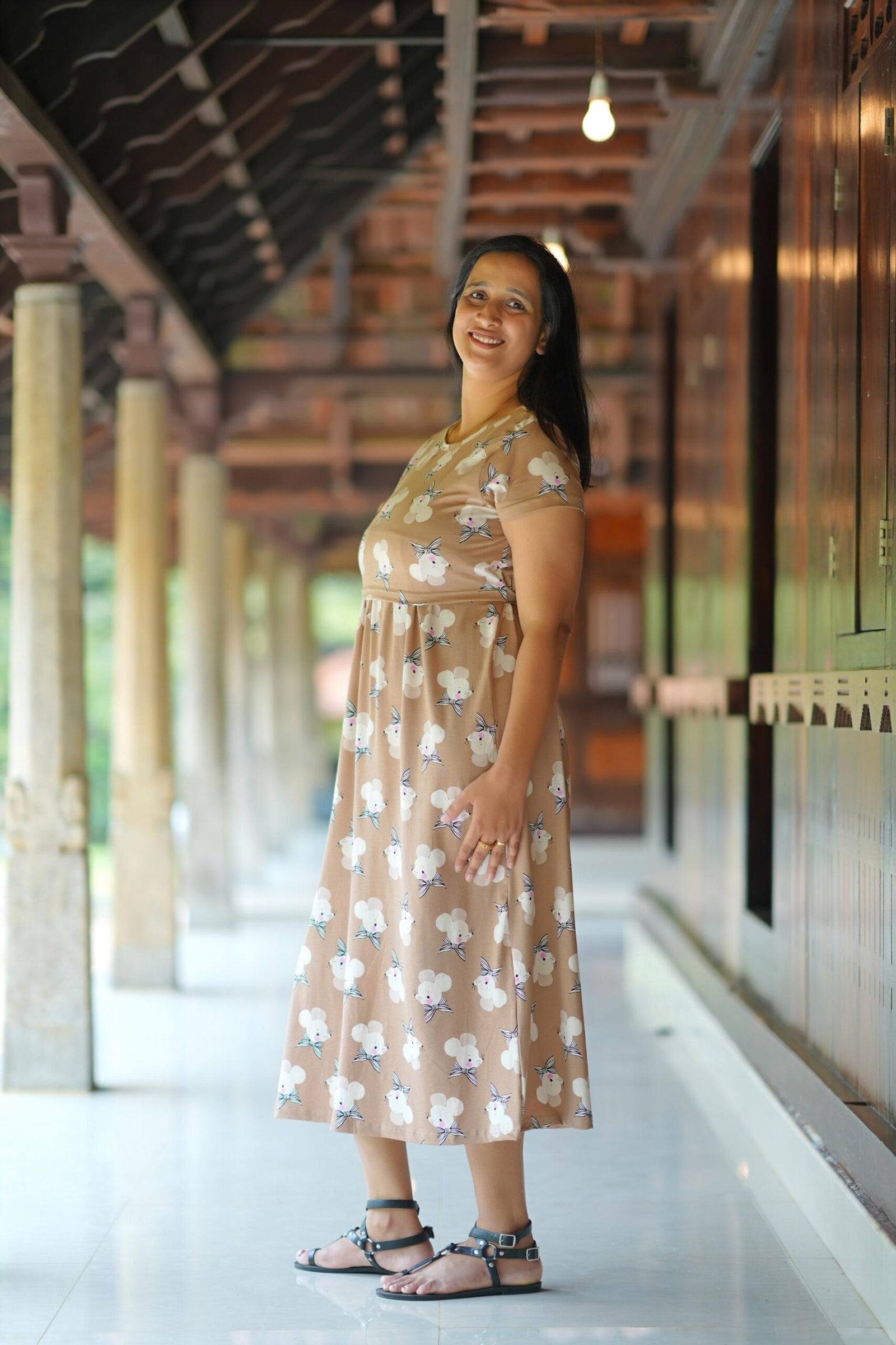 Comfy Cotton Maternity Dress with Cute Mouse Print