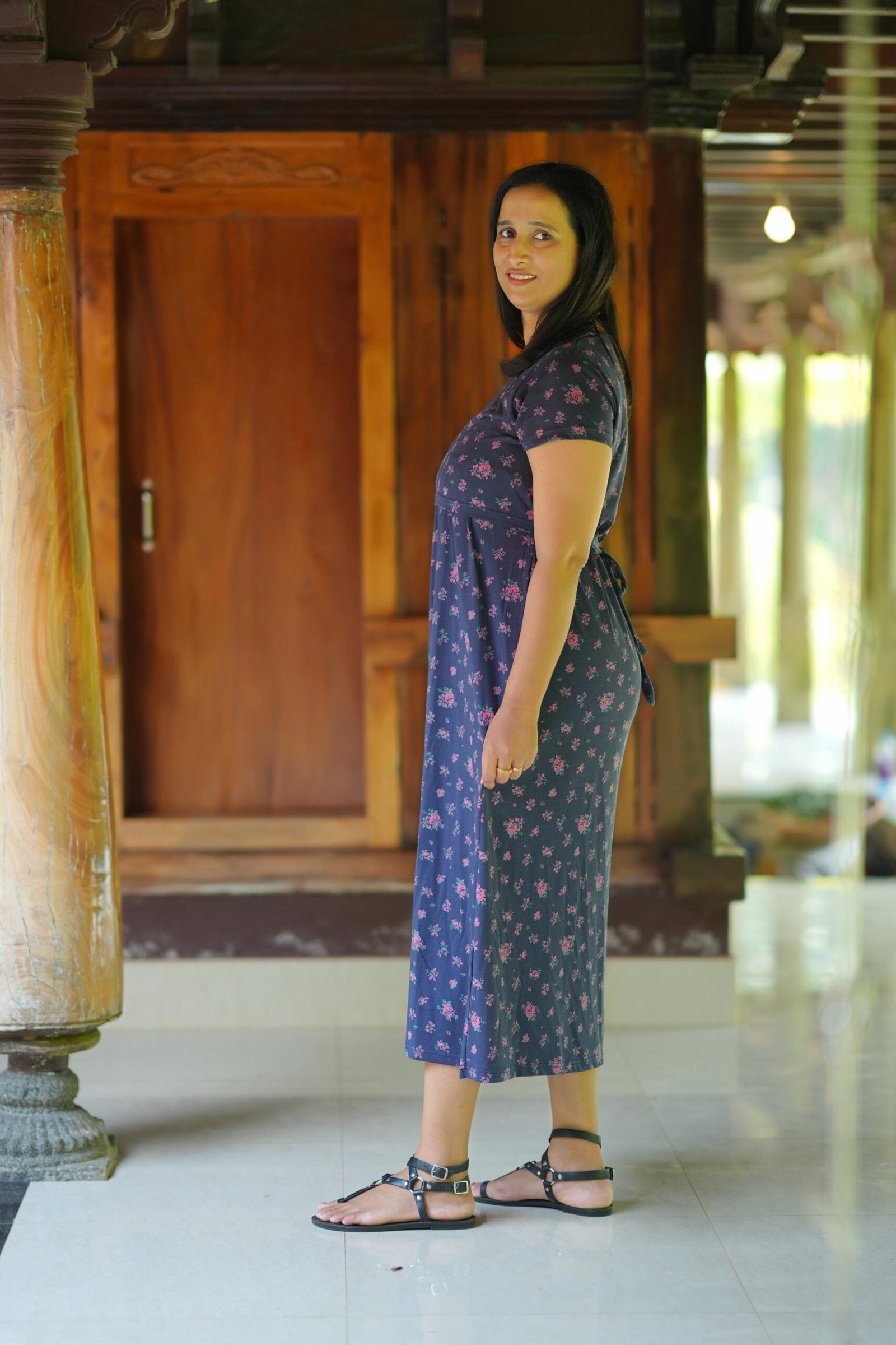 Comfort Cotton Maternity Dress - Navy with Pink Floral Print