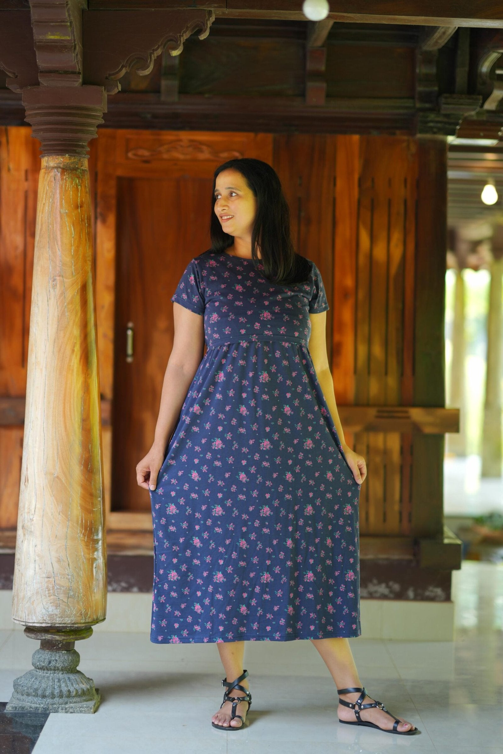 Comfort Cotton Maternity Dress - Navy with Pink Floral Print