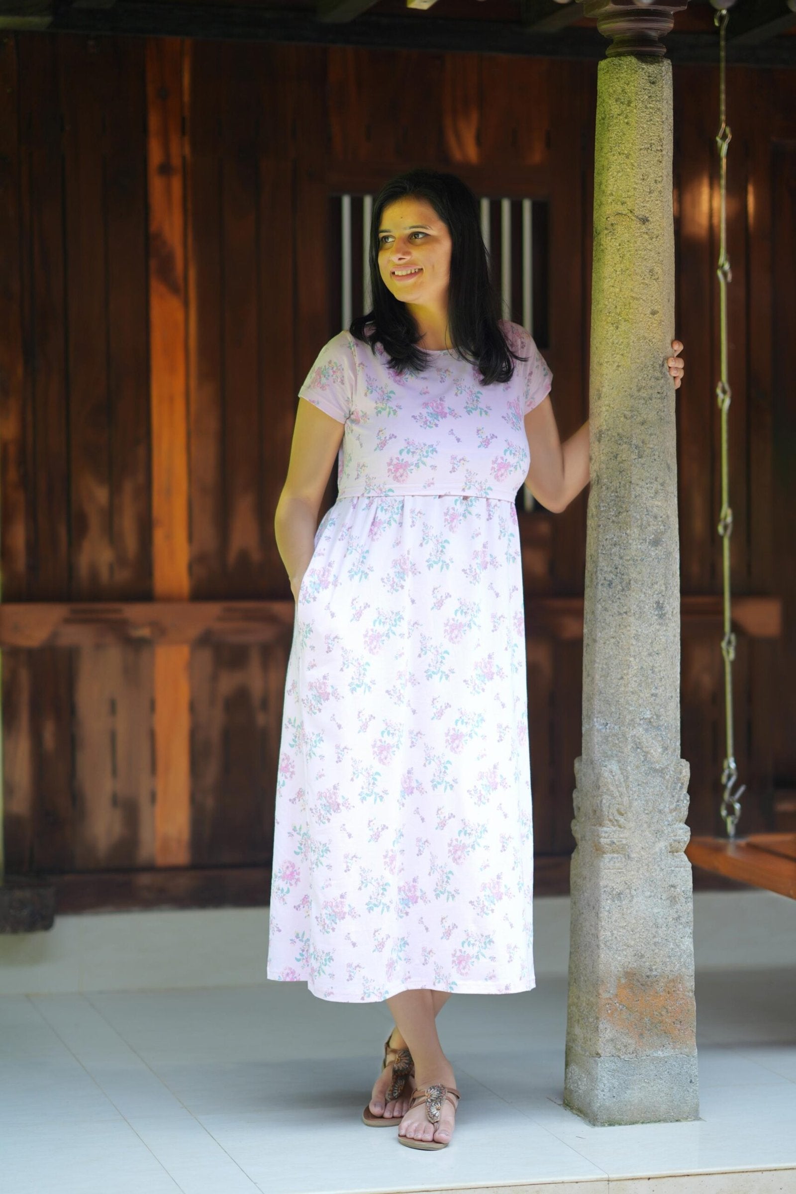 Comfort Cotton Maternity Dress - Pale Lavender Floral Print