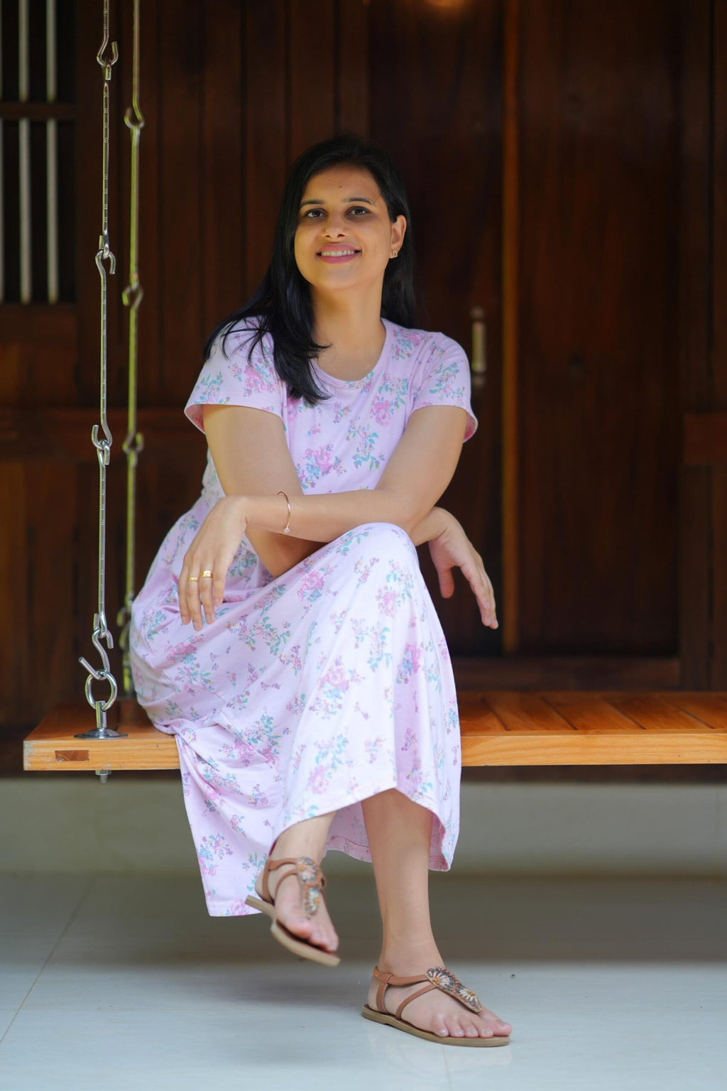 Comfort Cotton Maternity Dress - Pale Lavender Floral Print