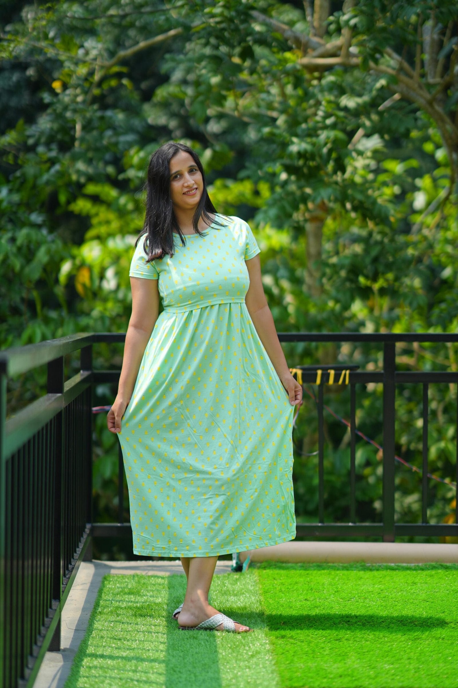Comfort Cotton Maternity Dress - Seafoam with Yellow Dot Print