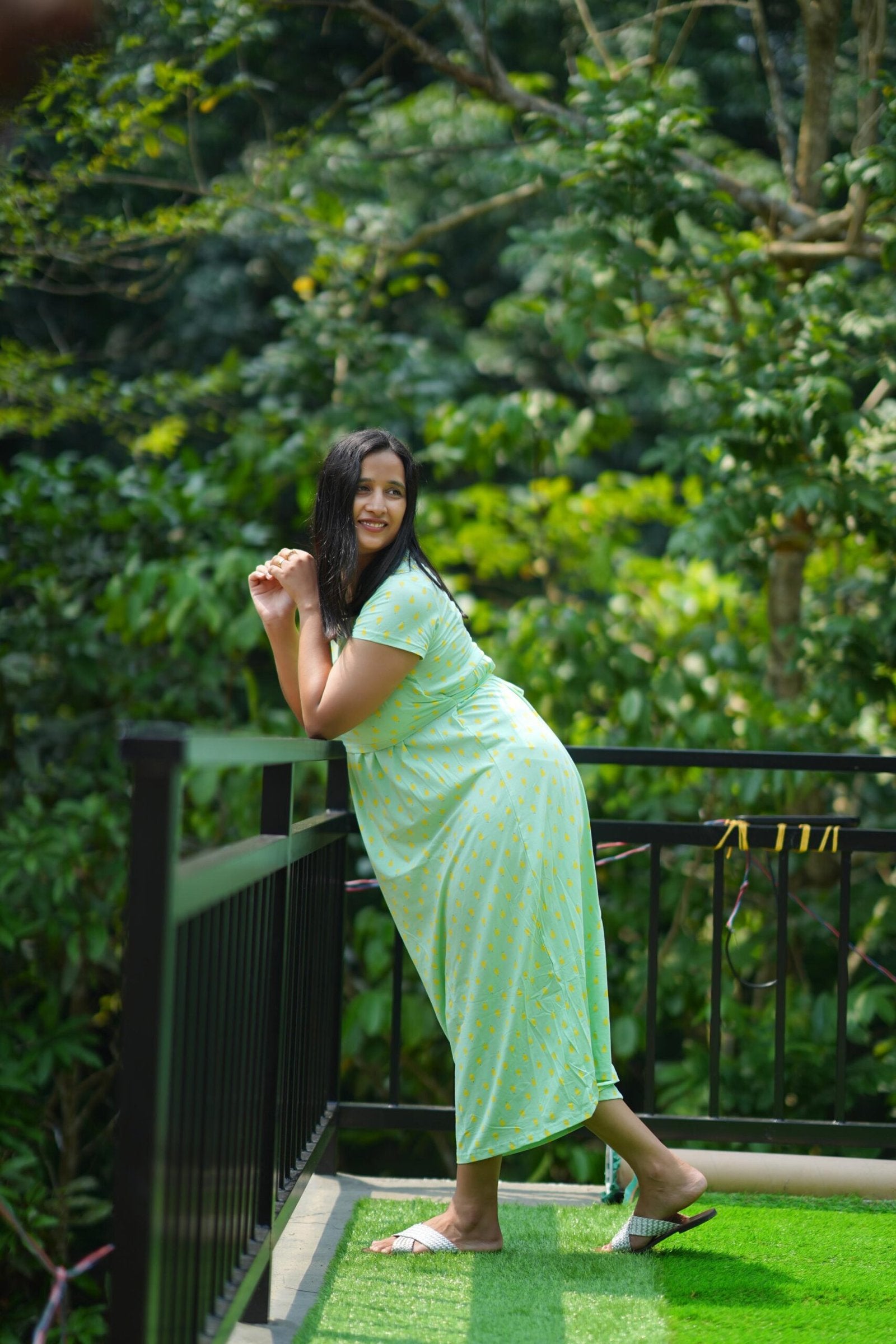 Comfort Cotton Maternity Dress - Seafoam with Yellow Dot Print