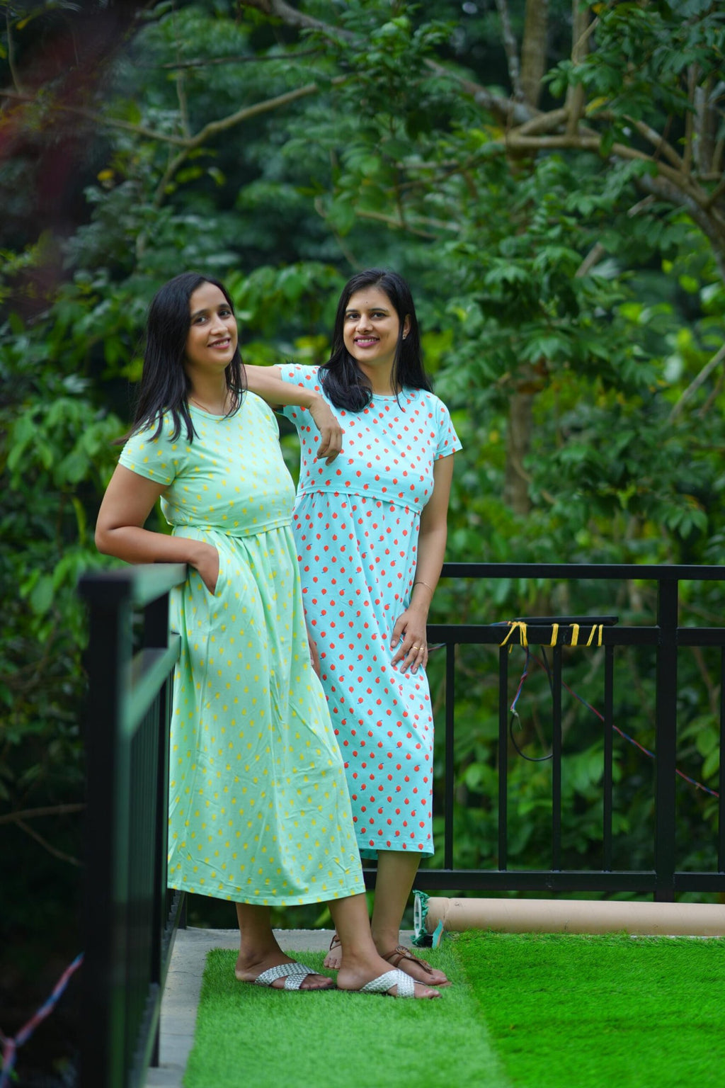 Comfort Cotton Maternity Dress - Seafoam with Yellow Dot Print