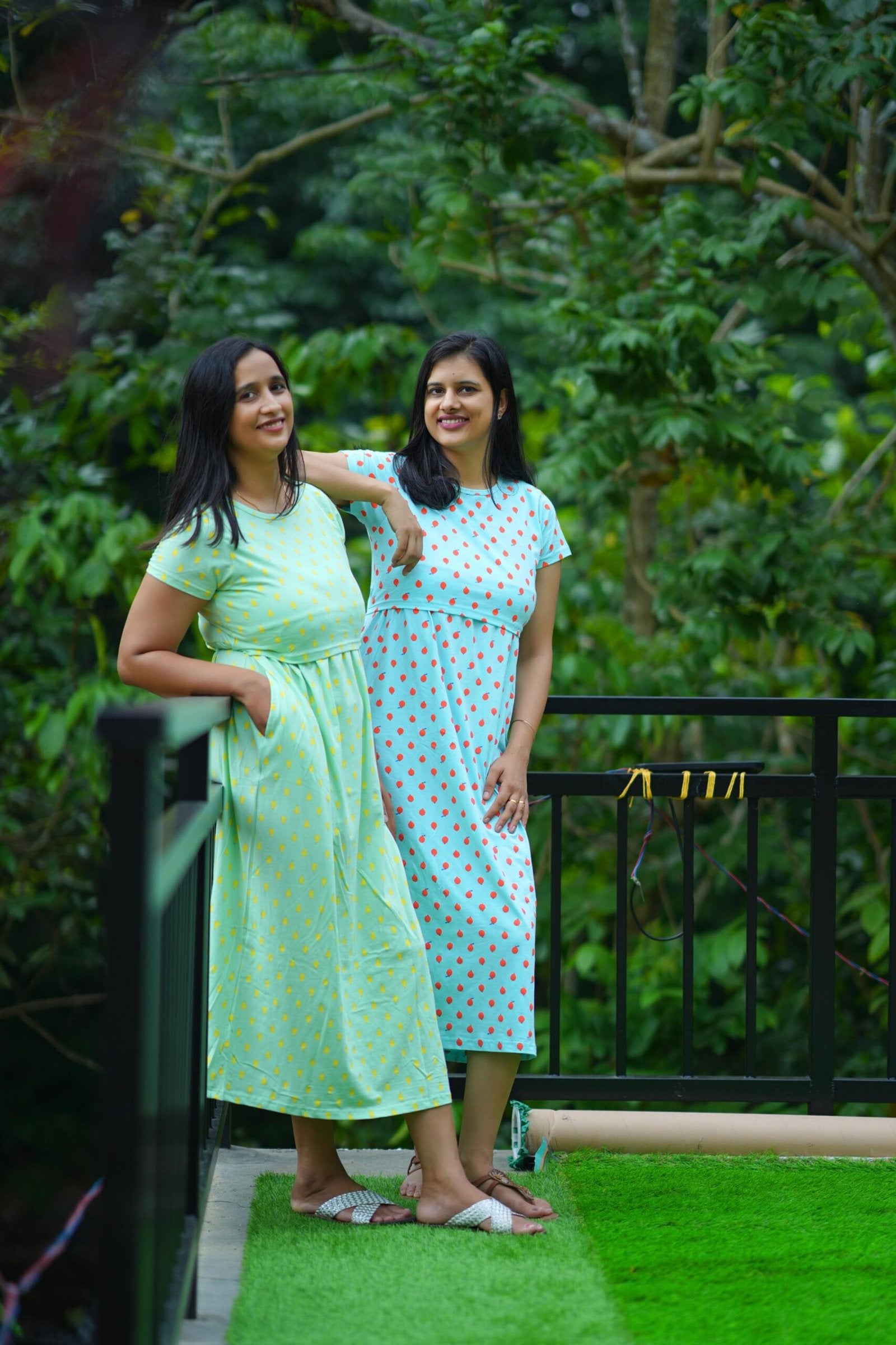 Comfort Cotton Maternity Dress - Seafoam with Yellow Dot Print