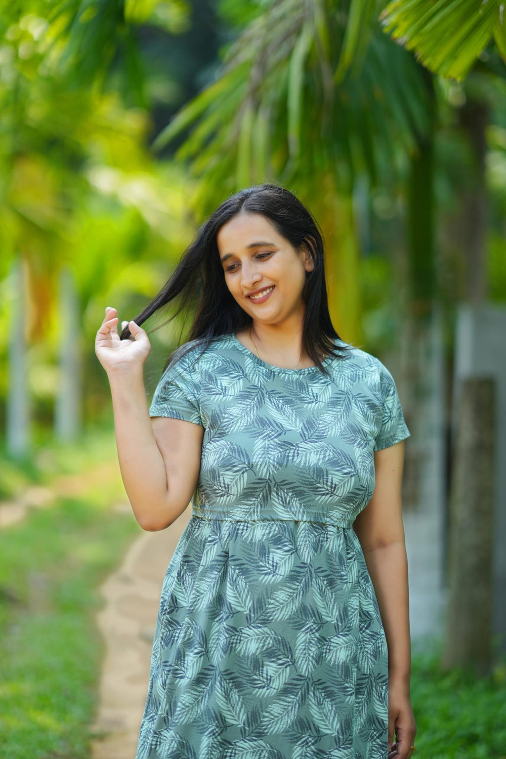 Sea Green Palm Print Comfort Cotton Maternity Dress