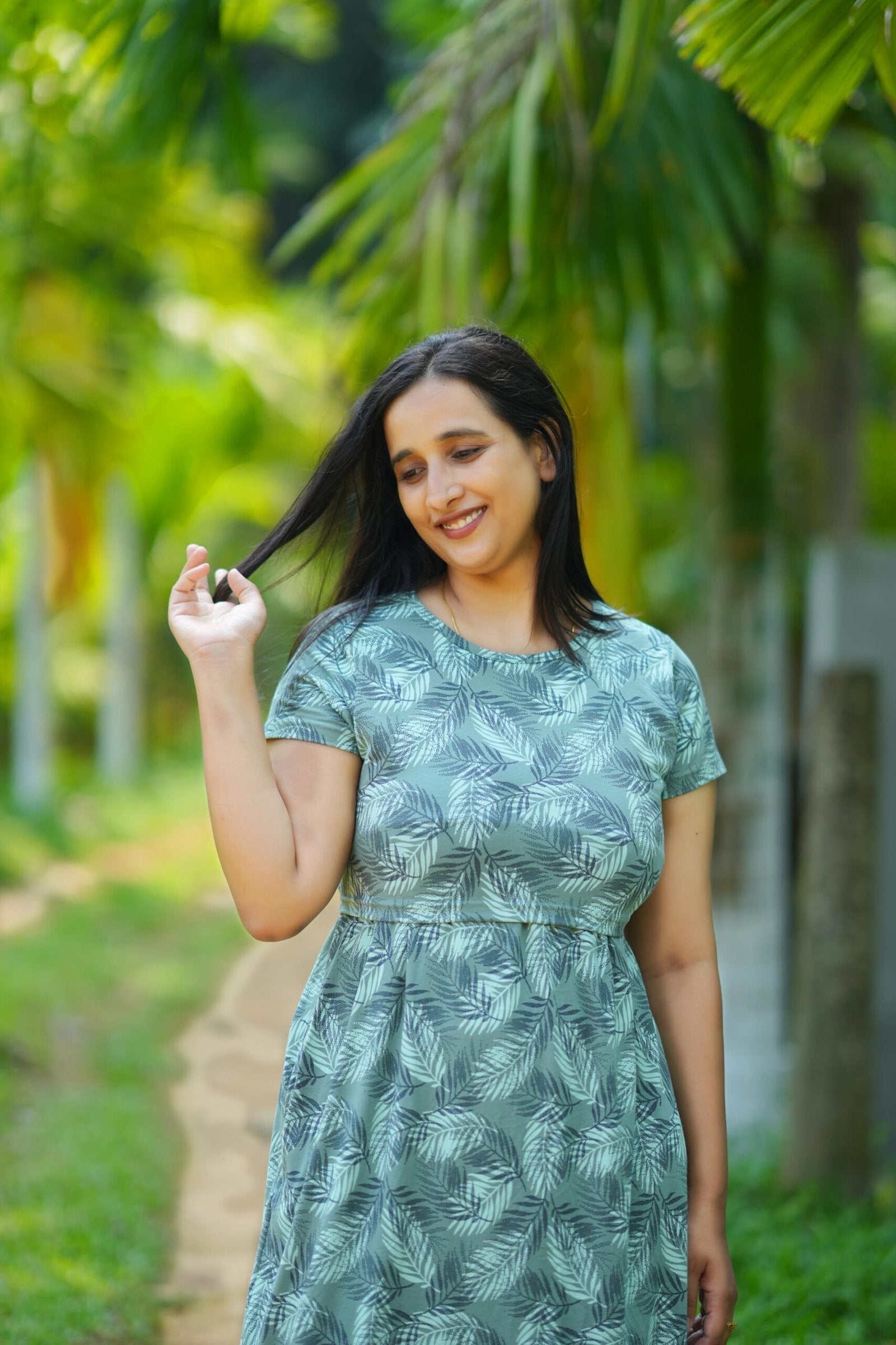 Sea Green Palm Print Comfort Cotton Maternity Dress