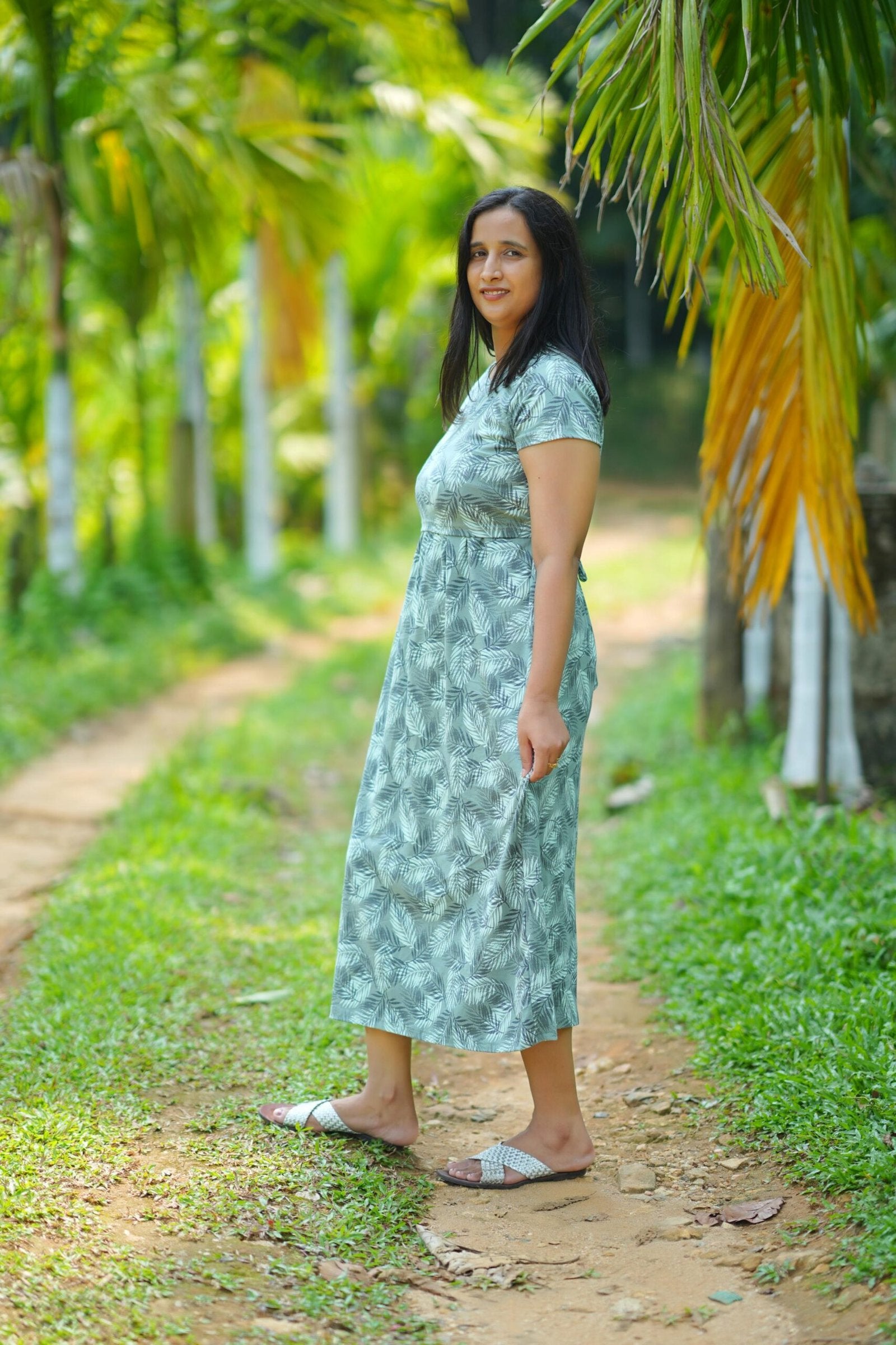Sea Green Palm Print Comfort Cotton Maternity Dress