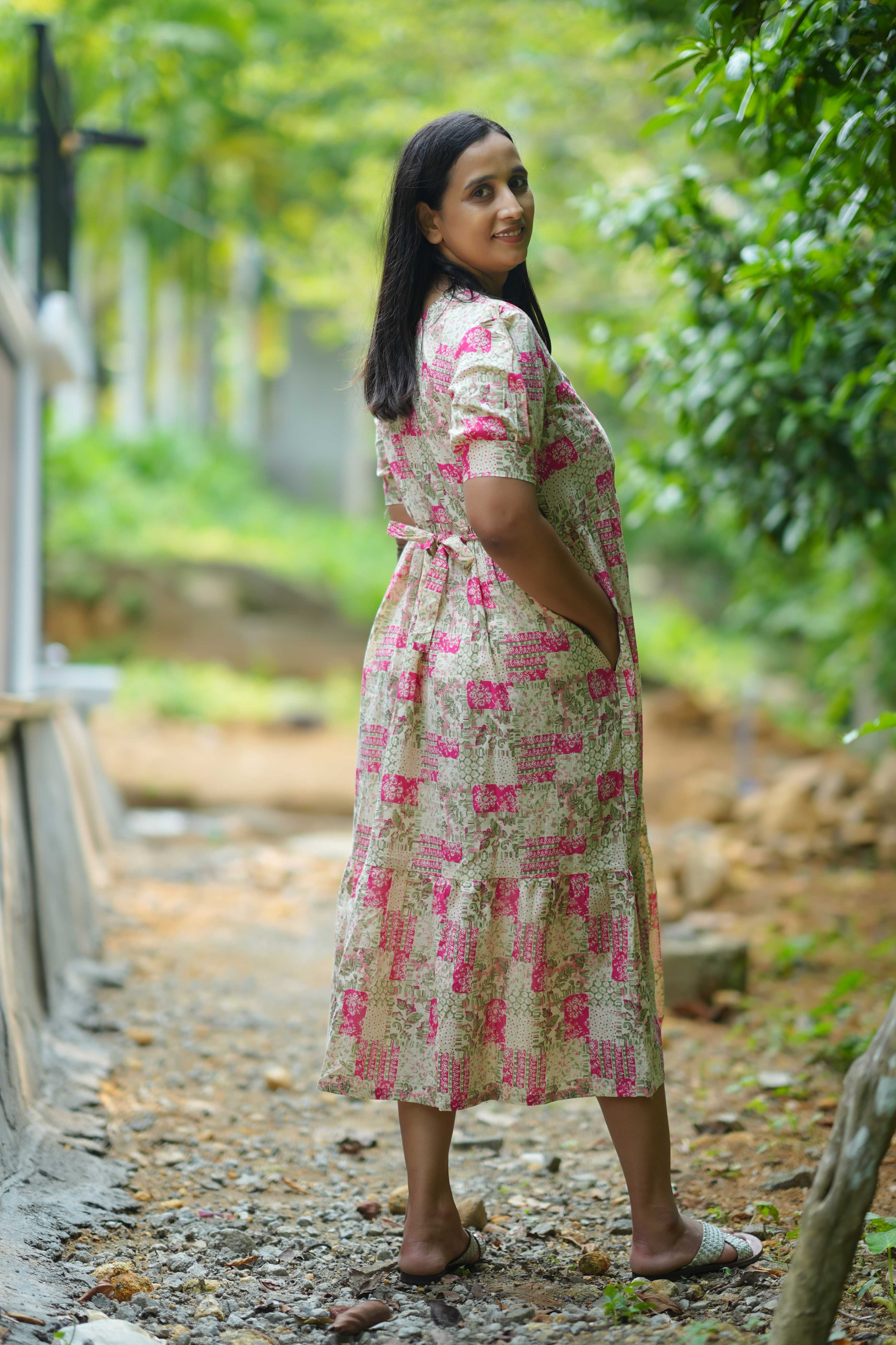 Green and Pink Floral Block Print Maternity Dress