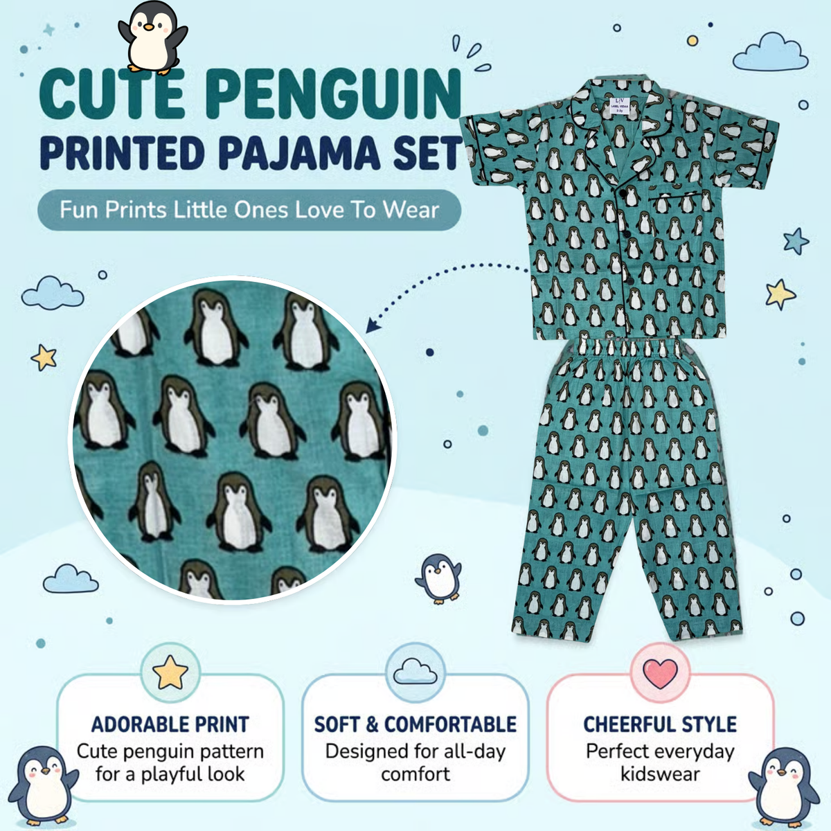 Aqua Penguin Parade Cotton Night Suit