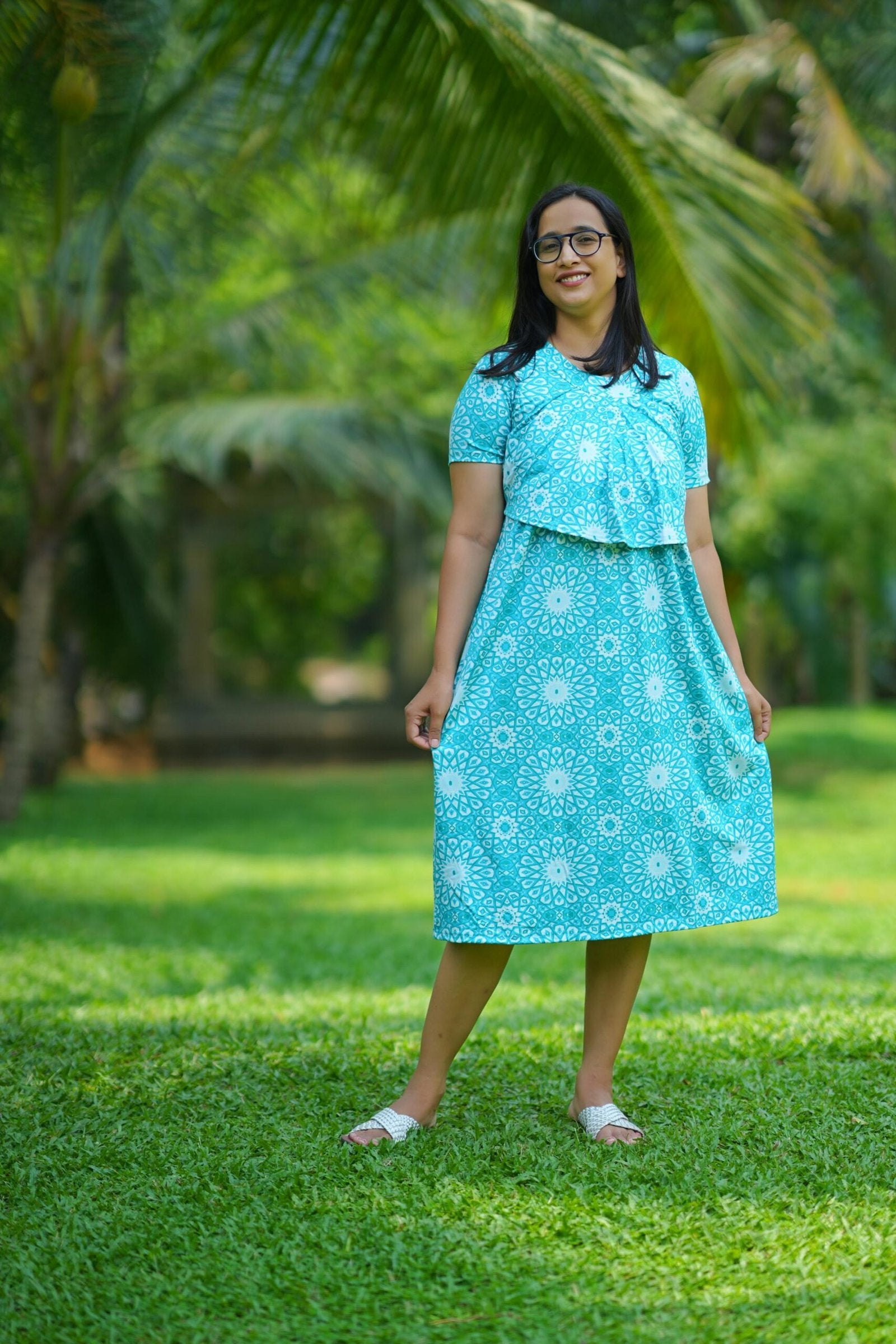 Aqua Bloom Maternity Midi Dress